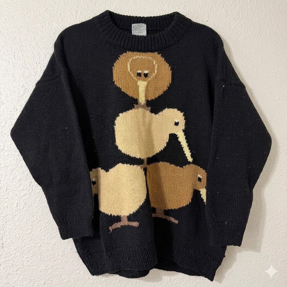 VTG Bonz Womens Handmade Kiwi Bird Sweater Crewneck Knit Unique New Zealand Wool